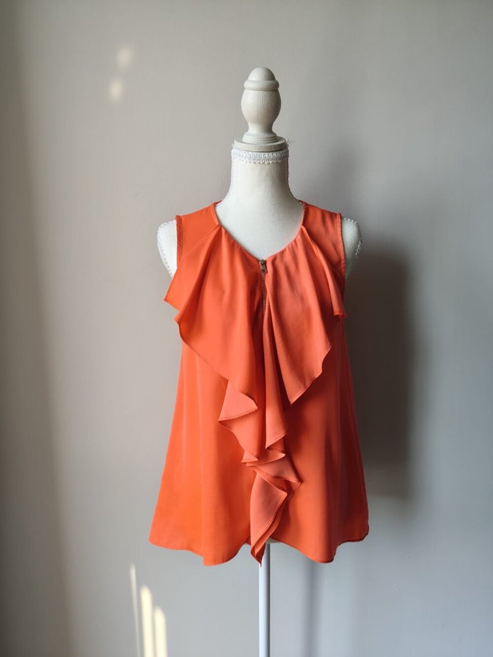 BCBGMaxAzria Coral Ruffle Front Zip Sleeveless Blouse